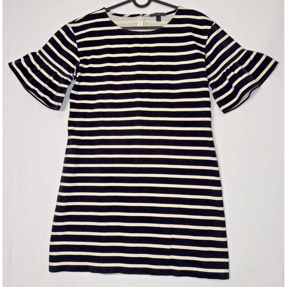 J Crew Black/White Striped Midi Dress Sz M 100% Cotton Bell Sleeve Casual Classy